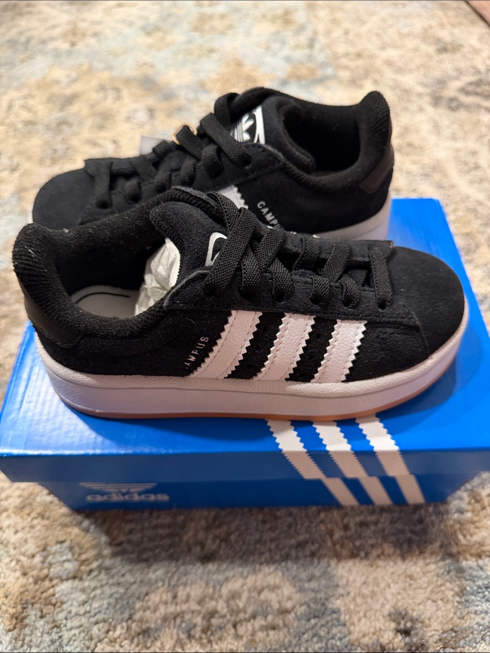 adidas Kids Black Sneakers with White Three-Stripes and Gum Outsole